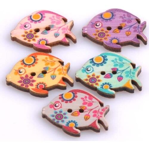 50pcs/lot Wood Cute Cartoon Fish Animal Buttons Sewing Children Buttons Clothes DIY Making 25*30mm MT0721