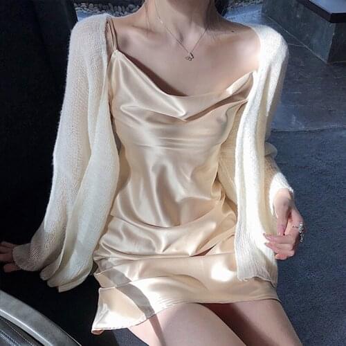 Backless Evening Party Satin Slip Dress Summer Loose V Neck Mini Dress Women Solid Casual Women Dresses Sexy Robe Femme 14582