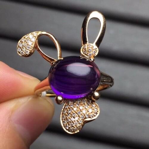 Fine Jewelry Real 18K Rose Gold Rabit Cute 100% Natural Amethyst Gemstones Female Rings for Women Fine Ring