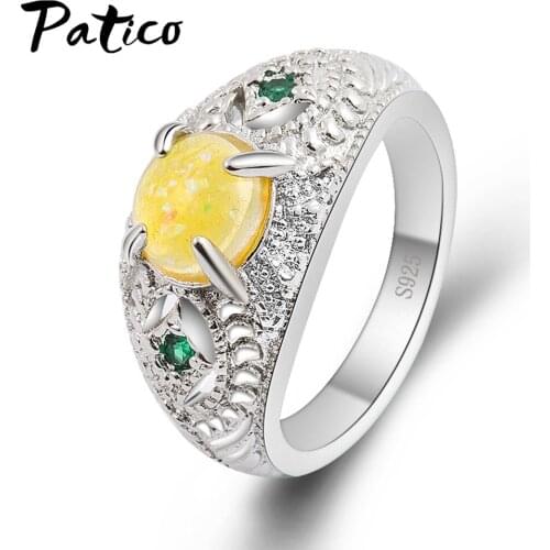 New Fashion Bohemia Yellow Fire Opal Stone Rings For Women 925 Sterling Silver Wide Finger Rings Wholesale Free Shipping