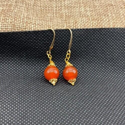 Korean Fashion 8 MM Carnelian Round Bead Alloy Drop Red Earrings for Women Vintage Geometric Acrylic Dangle Hanging Girl Jewelry