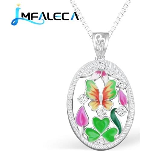 LMFALECA Genuine Silver Necklace Luxury Enamel Butterfly Flowers 925 Sterling Silver Pendant Box Chain Fine Party Jewelry