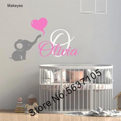 Makeyes Custom Name Elephant Wall Sticker Girls Baby Names Personalized Vinyl Design Wall Decoration Kids Bedroom Hearts Q431