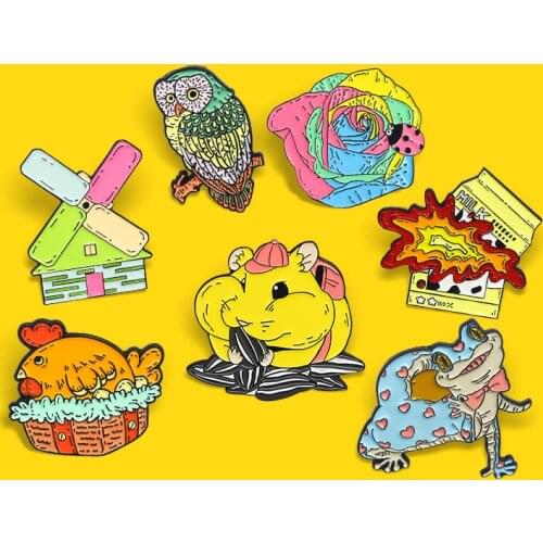 Fashion Animal Pins lizard Mouse Hamster Hen Owl Insect Ladybug Rainbow Rose Enamel Brooch Lapel For Kid Jewelry Gift Wholesale