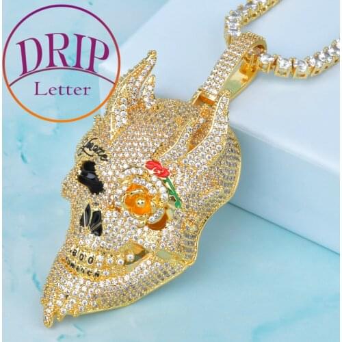 Skull Mens Pendant Rose Flower Eye Gold Color Cubic Zirconia Hip Hop Plated Necklace Rock Jewelry