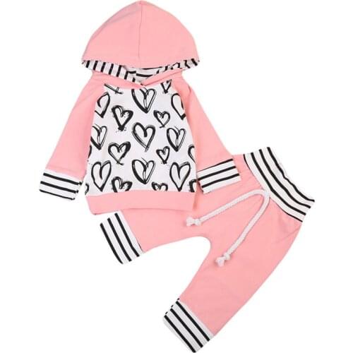 Love Heart Printing Baby Girls Autumn Cotton Sets Long Sleeve Hooded Tops +Cotton Casual Pants 2PCS Warm Hooded Outfits Sets