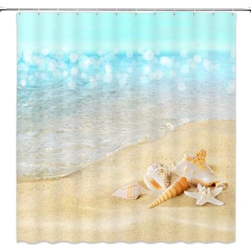 Beach Shell Shower Curtain Sea Wave Scenery Ocean Theme Bathroom Decor Waterproof Polyester Fabric Home Bath Supplies Curtain