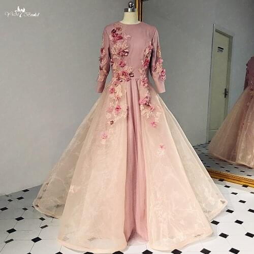 RSE911 Modest Long Sleeves Pale Mauve Luxury Beaded Appliques Flower Prom Dress