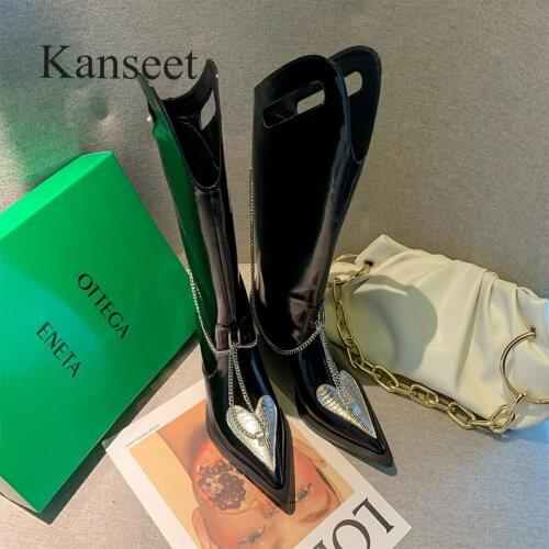 Kanseet Western Boots 2021 Winter Women Knee-High Boots Shoes Chain Decoration Pointed Toe High Heel Boots Female Long Boots