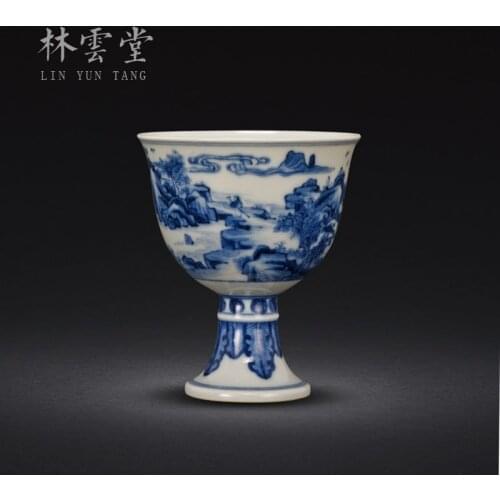 Blue and white landscape master cup single cup Lin Yuntang hand-painted jingdezhen ceramic glass sample tea cup by hand