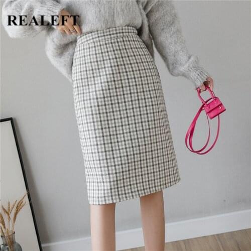 REALEFT 2020 New Autumn Plaid Wool Midi Skirts Lady Fashionable High Waist Wniter Slim Womens A-line Skirts Mujer Faldas SSK004