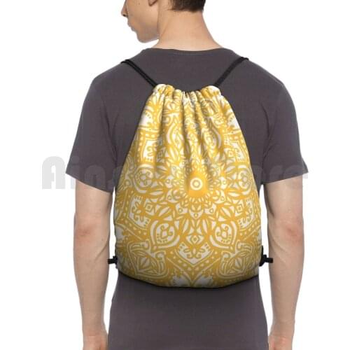 Yellow Mandala Pattern Backpack Drawstring Bag Riding Climbing Gym Bag Yellow Mandala Sunflower Flower Mustard Home Hipster