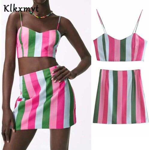Klkxmyt Za Women 2021 Summer Skirt Sets Multicolor Stripe High Waisted Mini Skirt Backless Crop Top Set Woman 2 Pieces Sexy Suit