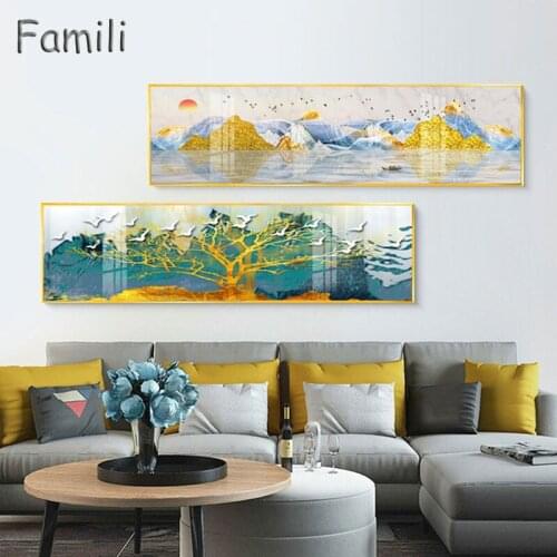 Abstract banner bedside blue golden canvas painting posters and print modern wall art picture for living room bedroom home décor