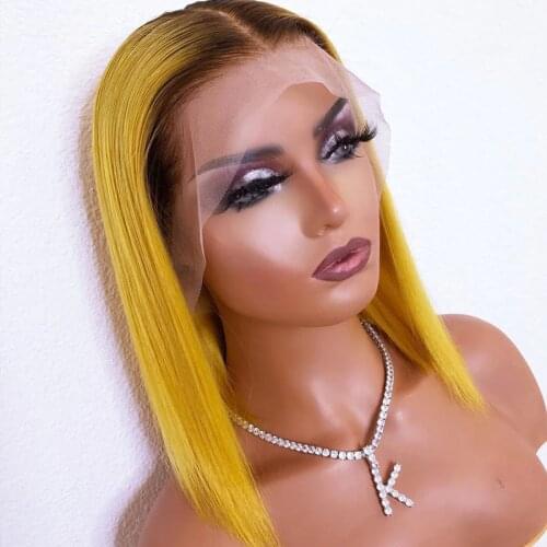 Glueless Short Cut Bob Ombre Yellow Lace Front Wig For Women Human Remy Hair Babyhair Natural Hairline Brazilian Can Dye Permed