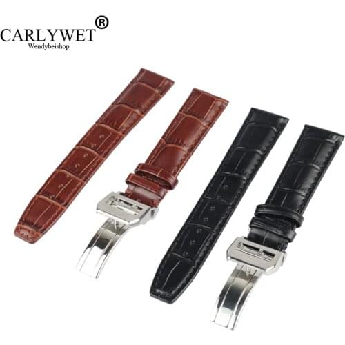 CARLYWET 20 22mm TOP Luxury Real Calf Leather Black Brown Wrist Watch Band Strap With Silver Brushed Clasp For IWC Seiko Tudor
