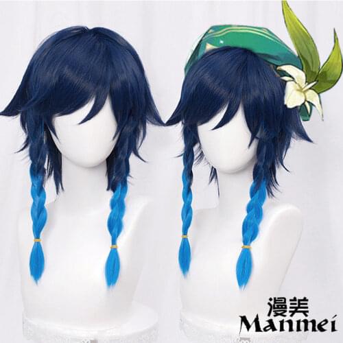 CosZtkhp Impact Venti Cosplay Unisex 50cm Blue Wig Cosplay Anime Cosplay Braid Wigs Heat Resistant Synthetic Wigs Halloween