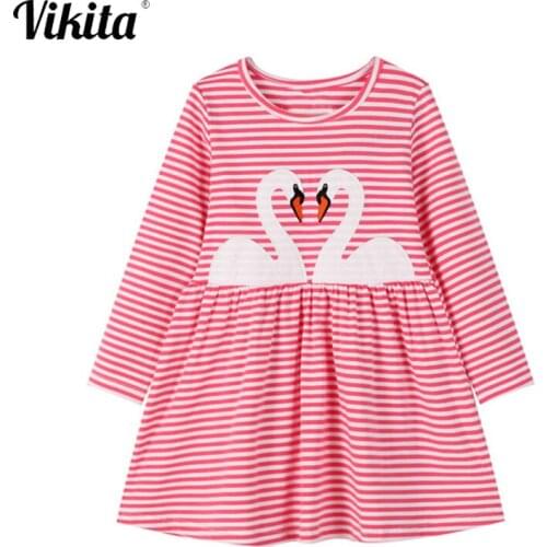 VIKITA Kids Autumn Dress for Girl Long Sleeve Stripe Dresses Animals Applique Kids Girls Dresses Children Swan Unicorn Clothes