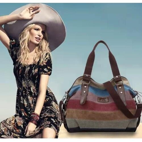 Canvas Totes Striped Womens Handbag 2021 Patchwork Rainbow Shoulder Bag Fashion Female Casual Crossbody Bag Sac a Main