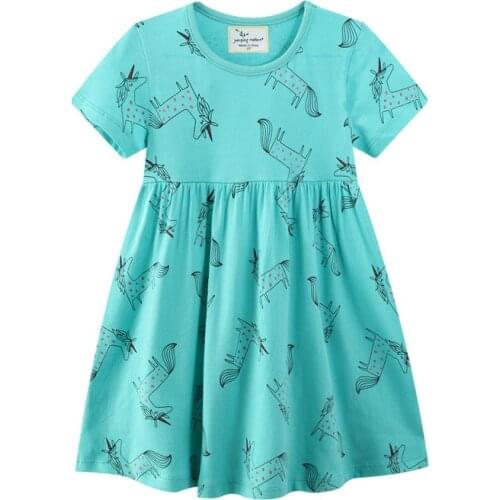 Jumping Meters Summer Unicorns Princess Dress Cotton Animals Print Baby Short-Sleeve Clothes Kids Girls Dress