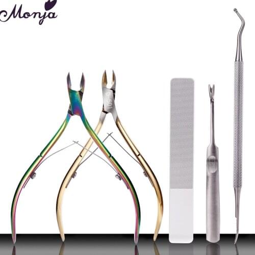 Monja 5Pcs Nail Clean Art Stainless Steel Cuticle Pusher Scissors Set Dead Skin Cleaning Remover Clipper Plier Manicure Tool Kit
