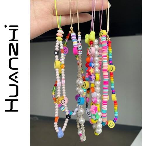 HZ 2021 New Colorful Acrylic Pearl Soft Pottery Cartoon Face Fruits Anti-lost Mobile Phone Strap Cord for Women Accessories