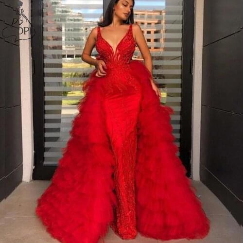 Luxury Red Mermaid Evening Dresses with Removable Skirt V Neck Lace Arabic Wedding Party Gowns Puffy Tulle Overskirts Prom Dress