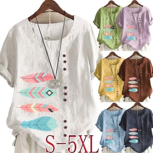 Womens Summer New Fashion Feathers Prined Round Neck Short Sleeve T-shirt Casual Loose Solid Color Blouse Tops Plus Size