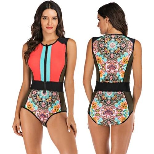 Womens Sleeveless One Piece Zipper Front Rash Guard Pads Swimsuit Sun Protection Floral Printed Tummy Control Swimwear Monokini