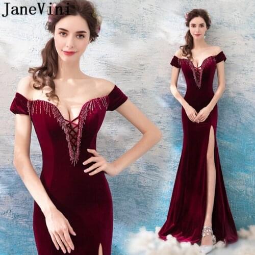 JaneVini Dark Burgundy Mothers Day Dress Sexy Split Beaded Mermaid Velvet Mother of The Bride Dresses Long Evening Formal Gowns