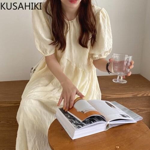 KUSAHIKI Causal Sweet Women Dress Korean Puff Short Sleeve O-neck Vestidos Femme 2021 New High Waist A-line Dresses 6F292