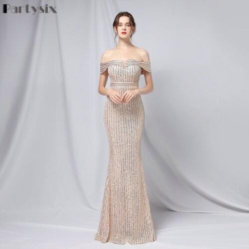 Partysix Women 2021 Sexy Off the Shoulder Sleeve Sequin Party Dress Evening Maxi Women Bodycon Prom Dress Gold