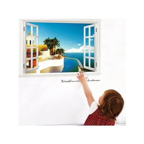 3D Seaside Scenery False Window Decoration Wall Sticker Tree Modern Living Room Wall Decals Wallpaper Murals
