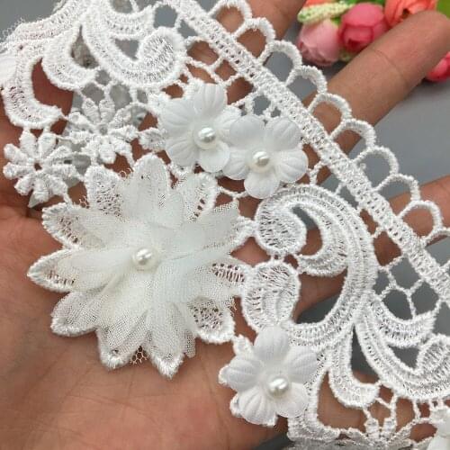 5x Vintage White Flower Pearl Beaded Lace Trim French Fabric Ribbon Embroidered Sewing Craft For Wedding Dress Decoration