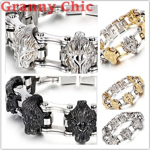 Granny Chic New Fashion Stainless Steel High Quality Motorcycle Chain Biker Lion Heads Chain Charms Mens Bracelet 22.5mm 8.26