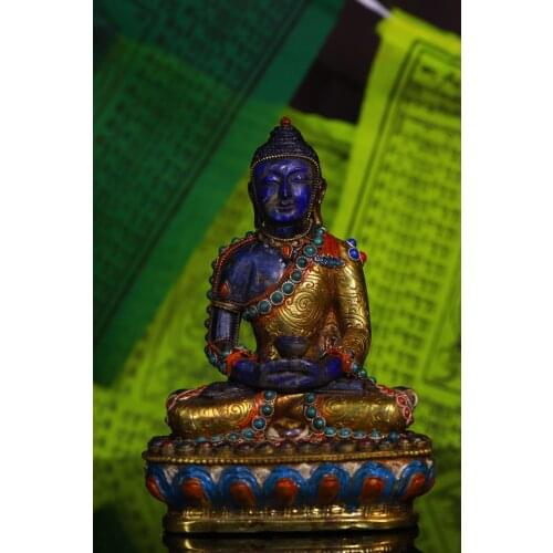 6"Tibetan Temple Collection Old natural lapis lazuli outline in gold mosaic Gem Gem Dzi Bead Sakyamuni Sitting Buddha Ornaments
