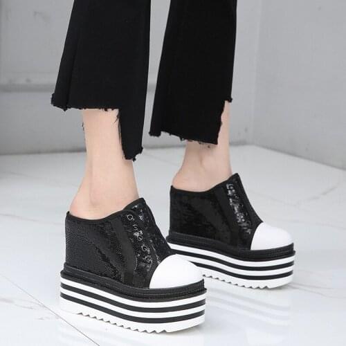 Womens Round Toe Sequins Bling Platform Wedge Super High 13CM Heel Sneakers Casual Shoes Slingbacks Black Sliver New