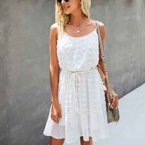 Fashion Solid Polka Dot Suspender White Sundress for Women Casual Lace-up Sleeveless Summer Dresses Elegant Women Dress WF110