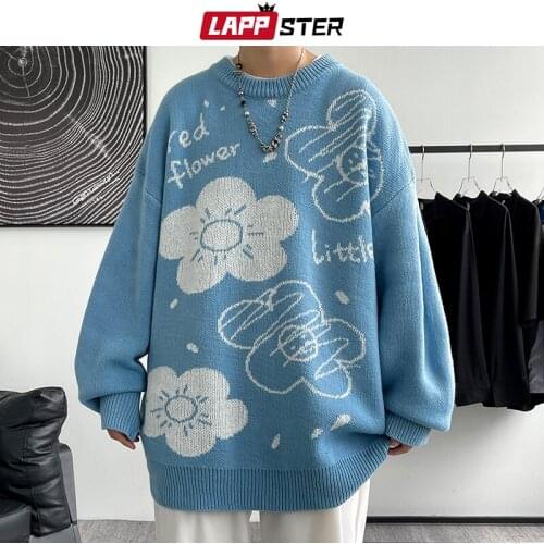 LAPPSTER Men Letter Flower Harajuku Knitted Sweater 2021 Mens Vintage Japanese Streetwear Pullovers Male Oversized Y2k Sweaters