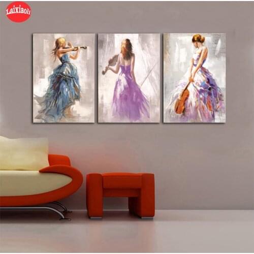 Full square round drill set Abstract art, violin girl diy diamond painting 5d diamond mazayka embroidery room decorx3pcs