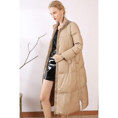 Obrix Duck Down Filler Casual Style Coat Female Trendy Long Jacket Zipper Fly Side Sashes Loose Winter Parka For Women