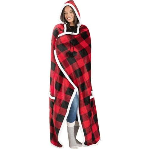 Premium Blanket with Hood Wearable Warm Cozy for Home Hooded Lazy Blanket Thicken and Longer Warm Jacket Red and Black Plaid