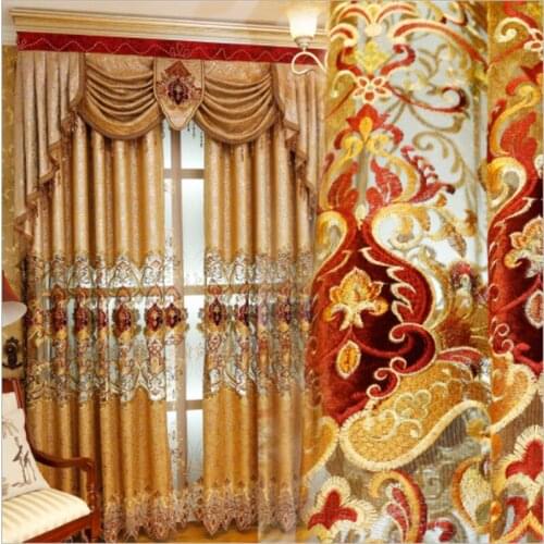 Window Drapes High Shading Luxury Golden Colorful Chenille Embroidered Blackout Curtain For Living Room Hollow Sheer X-ZH074