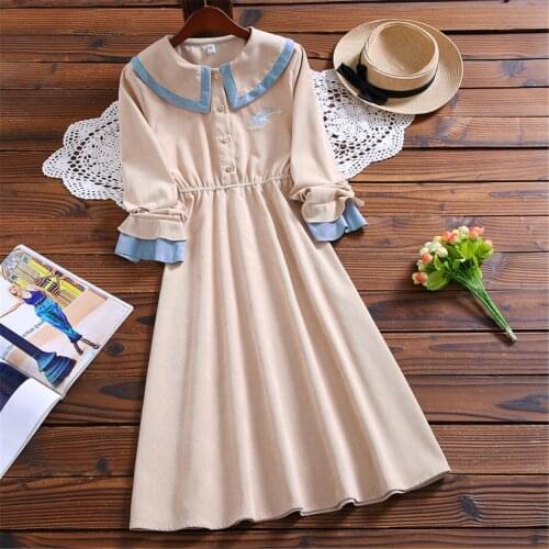 Autumn winter mori girl cute solid corduroy sweet dress japan style peter pan collar long sleeve elegant vintage women vestidos