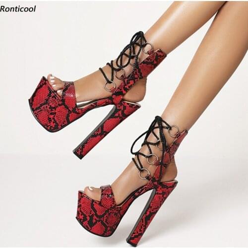 Ronticool Women Summer Gladiator Sandals Snake Pattern 16 Cm Square High Heels Open Toe 4 Colors Club Wear Shoes US Size 5-14
