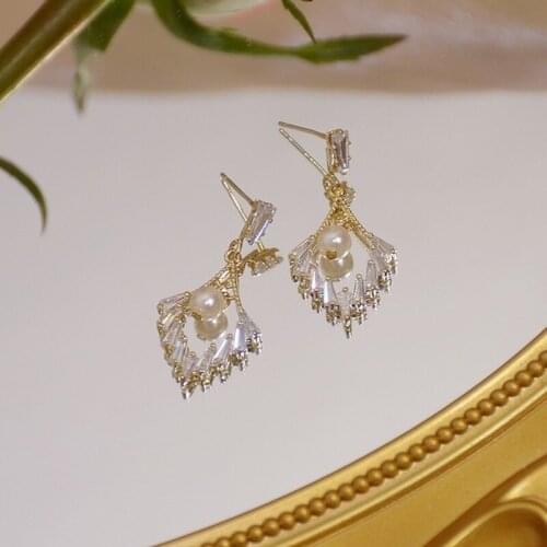 Korean Trendy Exquisite Dazzling Zircon Inlaid Pearl Drop Earrings Luxury Crystal Pendant Earrings Women Fashion Jewelry