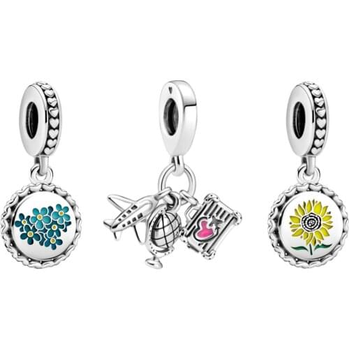 Fits Pandora Bracelet 925 Sterling Silver Airplane, Globe & Suitcase Sunflower Charm Beads for Jewelry Making Women Gift Kralen