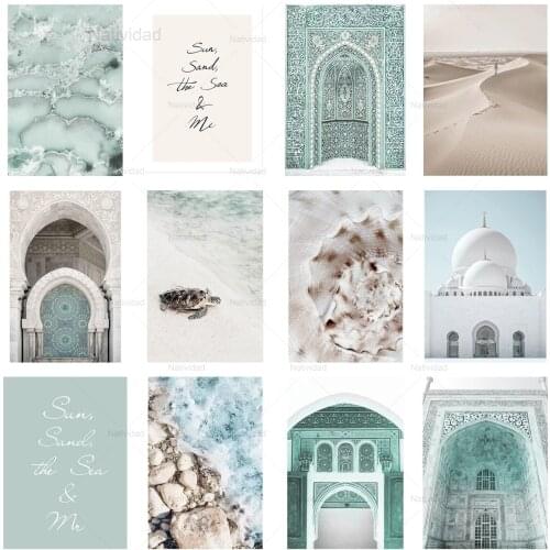 Nordic Canvas Painting Islamic Wall Art Poster Blue Landscape Moroccan Arch Beach Sea Desert Conch Home Living Room Decoration