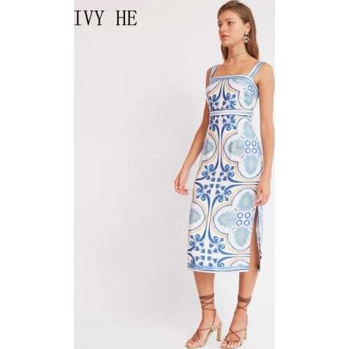 IVY HE High Quality Summer Dress Woman Clothing Fashion Vintage Dresses Print Split Camisole Midi Dress Traf Robe Party Dresses