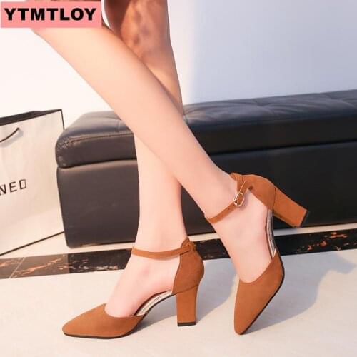 2019 new pointed thick with a word buckle wild hollow high-heeled sandals matte leather single shoes female summer